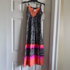Black & White Girls Maxi Dress with Coral Crochet Neckline, SZ 10 girl, EUC